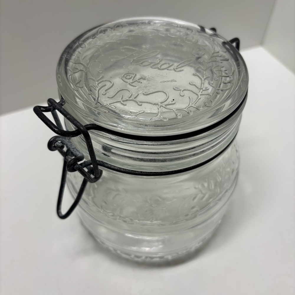 Cove Clear bale wire 3/4 L jar with floral design, made in Italy